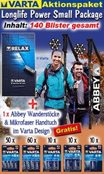 Bild von Varta Aktionspaket Longlife Power Small Package mit 140 Blister und 1 x Abbey Wanderstöcke & Mikrofaser Handtuch im Varta Design GRATIS!