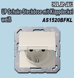 Bild von Jung UP Schuko Steckdose mit Klappdeckel (mit Rückstellfeder) 16A 250V / 55 x 55 mm / Thermoplast (bruchsicher) hochglänzend, weiß