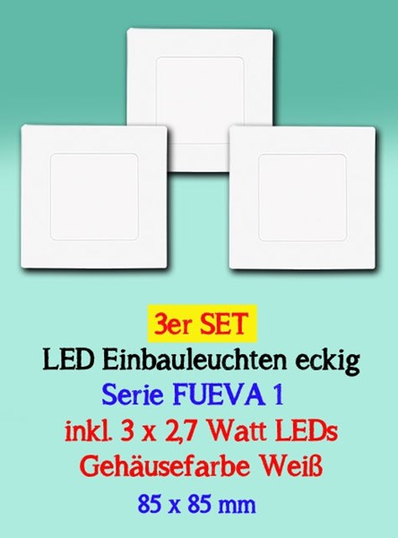 Bild von Eglo 3er SET LED Einbauleuchten eckig Serie FUEVA 1 weiß / IP20 / 3 x 300 Lumen / 3 x 2,7 Watt / 3.000K / Warmweiß / 85 x 85 mm