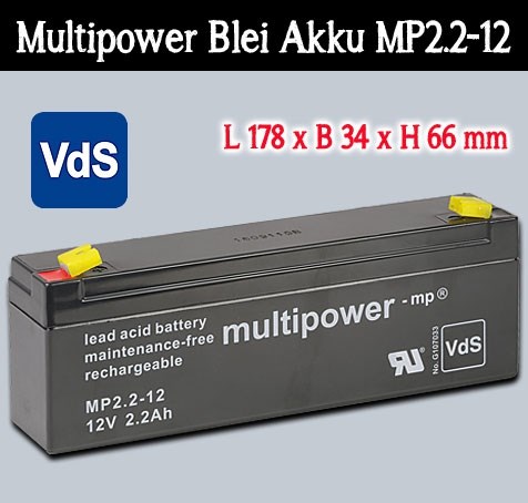 Bild von Multipower Blei Akku MP2.2-12 mit 4,8mm Faston Kontakten / 12V / 2,2 Ah mit VDS-Zulassung