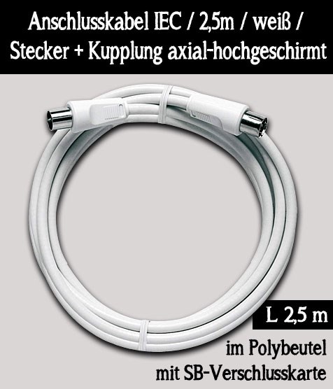 Bild von Axing Koaxial Anschlusskabel IEC / 2,5m / weiß / Klasse A / mit Stecker + Kupplung axial-hochgeschirmt