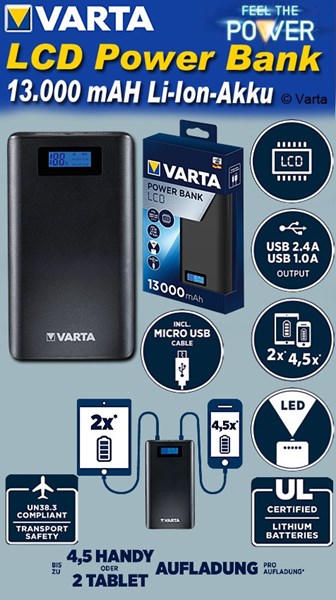 Bild von Varta Portable LCD Power Bank 13.000mAh und Micro USB Ladekabel 50 cm schwarz