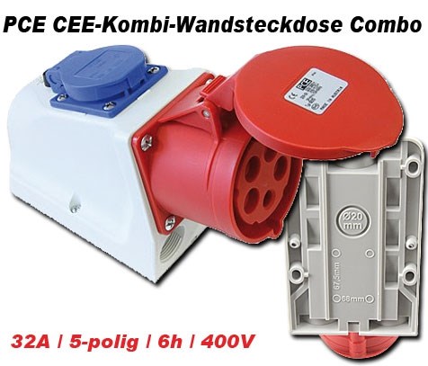 Bild von PCE CEE-Wandsteckdose-Combo IP44 / 32A / 5-polig / 6h / 400V mit Schraubklemmen und mit integrierter Schutzkontaktsteckdose, inkl. Würgenippel