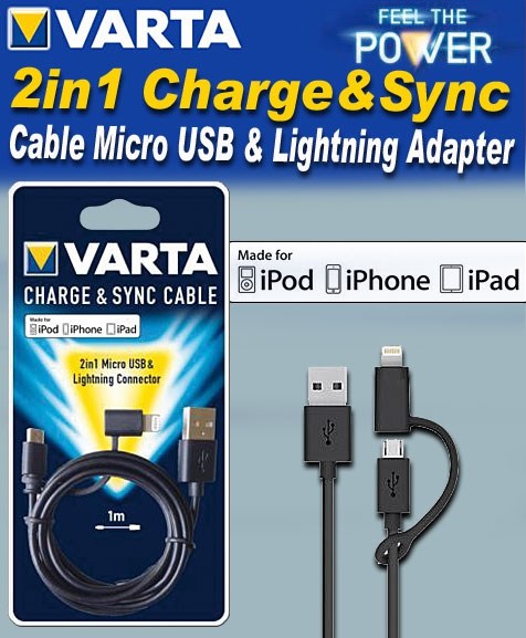 Bild von Varta 2in1 Charge&Sync Cable Micro USB & Lightning Adapter