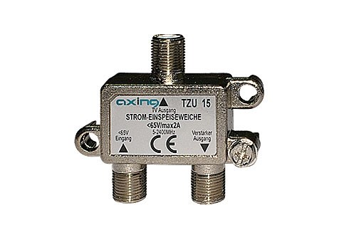 Bild von Axing Stromeinspeiseweiche z. Fernspeisen: 5-2400MHz; 1x <65V Eingang; 1 x Verstärker Ausgang; 1 x TV-Ausgang / TZU15-0