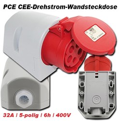 Bild von PCE CEE-Drehstrom-Wandsteckdose IP44 / 32A / 5-polig / 6h / 400V mit Schraubklemmen und Würgenippel