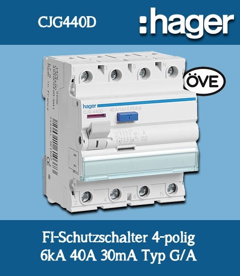 Bild von Hager FI-Schalter 4-polig 6kA 40A 30mA Typ G/A Nennstrom vorsicherbar