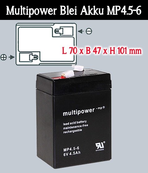 Bild von Multipower Blei Akku MP4.5-6 mit 4,8mm Faston Kontakten / 6V / 4,5 Ah
