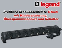 Bild von Drehbare Steckdosenleiste schwarz 6-fach 45° / 1,5 m Zuleitung / mit Kindersicherung, Überspannungsschutz und Schalter, zur Befestigung An Wand und Tisch