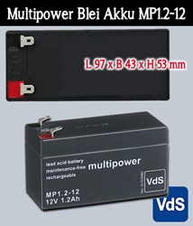 Bild von Multipower Blei Akku MP1.2-12 mit 4,8mm Faston Kontakten / 12V / 1,2 Ah mit VDS-Zulassung