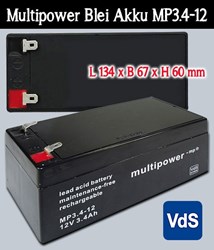 Bild von Multipower Blei Akku MP3.4-12 mit 4,8mm Faston Kontakten / 12V / 3,4 Ah mit VDS-Zulassung