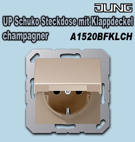 Bild von Jung UP Schuko Steckdose mit Klappdeckel (mit Rückstellfeder) 16A 250V / 55 x 55 mm / Thermoplast (bruchsicher) lackiert, champagner