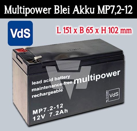 Bild von Multipower Blei Akku MP7.2-12 mit 4,8mm Faston Kontakten / 12V / 7,2Ah mit VDS-Zulassung