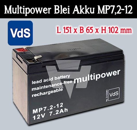Bild von Multipower Blei Akku 12V / 7,2Ah mit 4,8mm Faston Kontakten / VdS-Zulassung