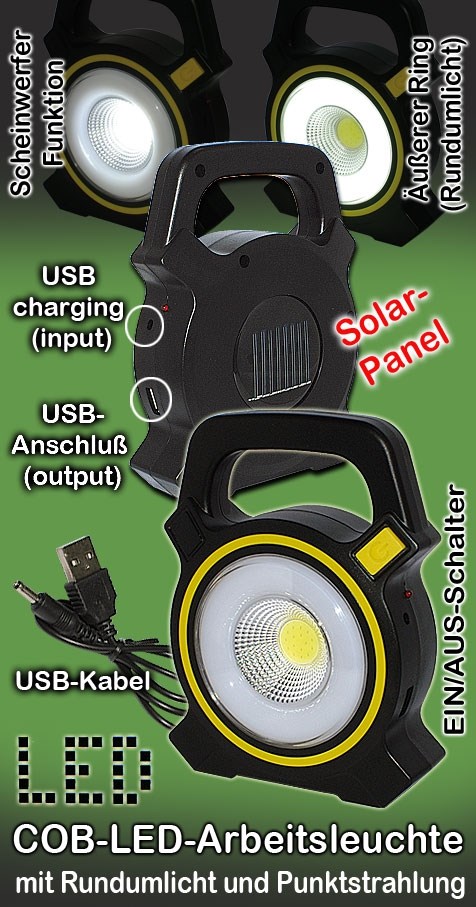 Kober. Solar COB-LED-Arbeitsleuchte W815-1 mit USB Ladekabel, Solarladung /  Panele und 2 Leuchtfunktionen / 30W / 2.400 Lumen