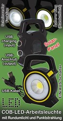 Bild von Solar COB-LED-Arbeitsleuchte W815-1 mit USB Ladekabel, Solarladung / Panele und 2 Leuchtfunktionen / 30W / 2.400 Lumen