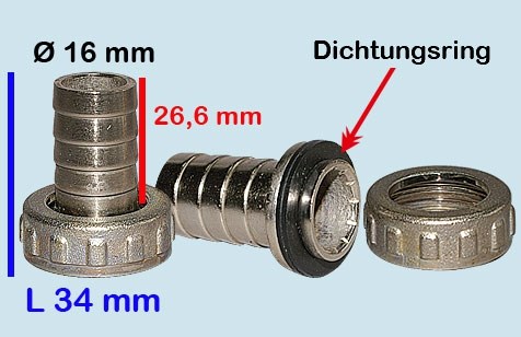 Bild von Verschraubungen aus Nickel 3/4 Zoll IG / Gesamtlänge 34 mm / Tüllenlänge 26,6 mm / Ø 16 mm