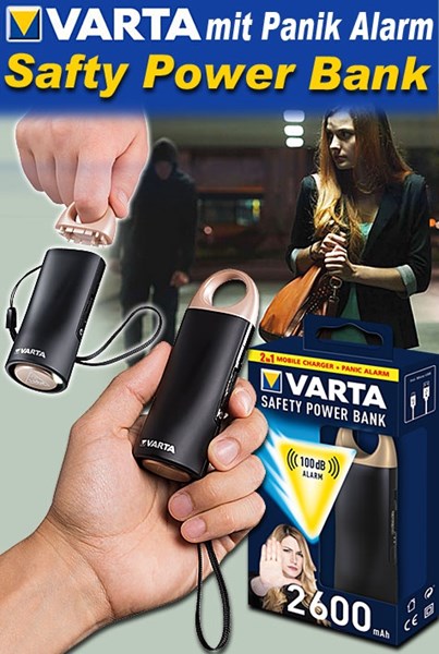 Bild von Varta Safty Power Bank 2.600 mAh mit Panik Alarm inkl. Magnet Micro USB Ladekabel (20cm) und Lanyard