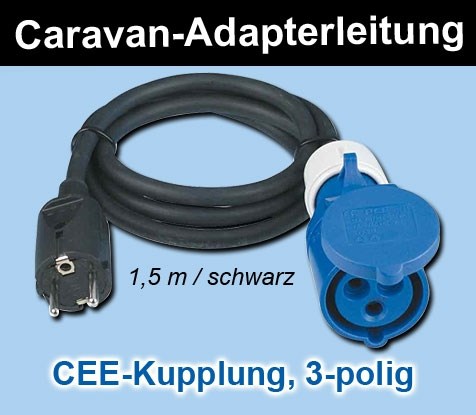 Bild von Caravan-Adapterleitung H07RN-F 3G1,5 mm² / 1,5 m / schwarz mit CEE-Kupplung, 3-polig, 16A, 250V und Schuko-Stecker IP44, 16A, 250V