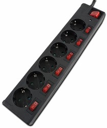 Bild von Steckdosenleiste 6-fach / 45° / schwarz / 3x1,5 / 1,4 m Zuleitung / mit 6 separaten Schaltern - Ein-/Ausschaltern für jeden Stecktopf und einem Hauptschalter / 1,4 m Zuleitung