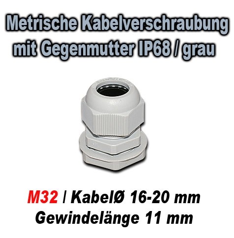 Bild von Metrische Kabelverschraubung mit Gegenmutter IP68 / GT M32N / grau / für Kabeldurchmesser 16-20 mm / Gewindelänge 11 mm