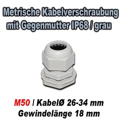 Bild von Metrische Kabelverschraubung mit Gegenmutter IP68 / GT M50N / grau / für Kabeldurchmesser 26-34 mm / Gewindelänge 18 mm