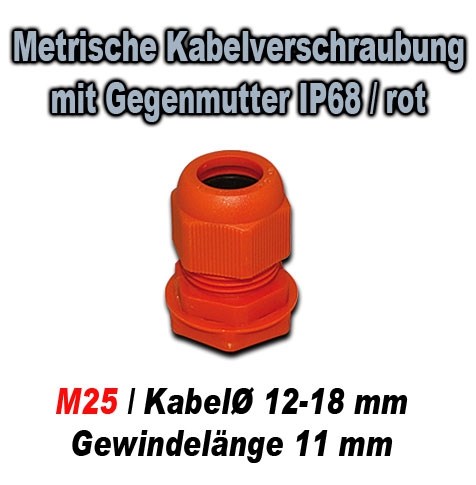 Bild von Metrische Kabelverschraubung mit Gegenmutter IP68 / GT M25N / rot / für Kabeldurchmesser 2-18 mm / Gewindelänge 11 mm