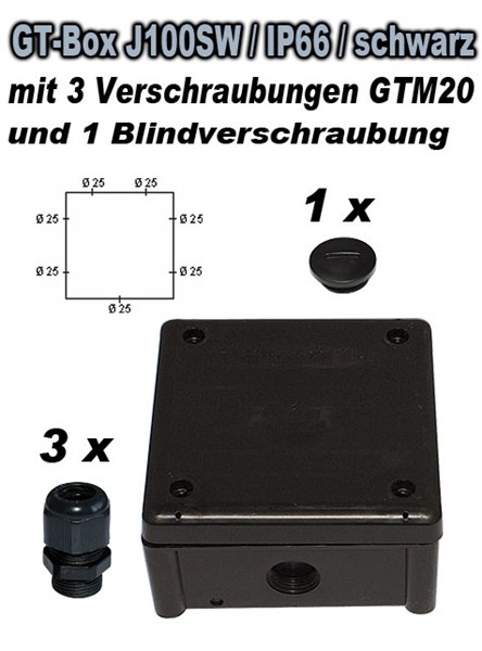 Bild von GT Box J100S / IP66 / schwarz / mit 3 Verschraubungen GTM20 und 1 Blindverschraubung