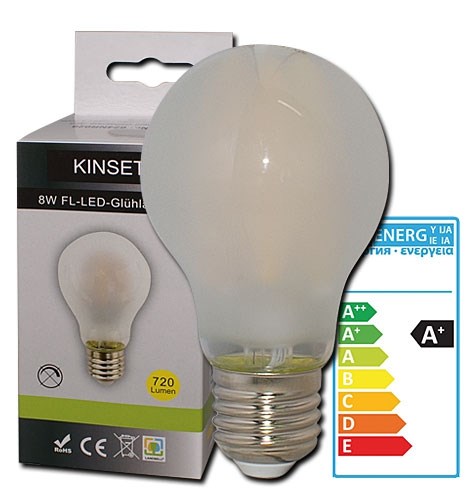 Bild von LED Filament Glühlampe A60 / 720 Lumen / 8W / E27 / 230V / 360 Grad / 3.000 K / Warmweiß matt / A+