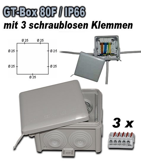 Bild von GT Box 80F / IP66 mit 3 schraubenlosen Klemmen 5-polig, 4 mm2 / grau