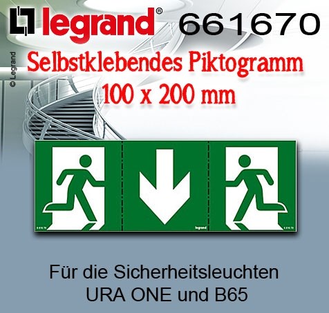 Bild von Legrand Selbstklebendes Piktogramm Pfeil Ausgang 100 x 200 mm für die Sicherheitsleuchten URA ONE und B65 / 3-teilig