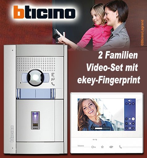 Bild von Bticino 2-Draht 2 Familien Farbvideo-Set mit ekey-Fingerprint 4-Kanal, CLASSE 300 V13E mit SFERA Allmetal UP