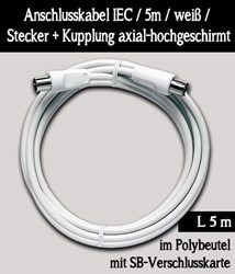 Bild von Axing Koaxial Anschlusskabel IEC / 5m / weiß / Klasse A / mit Stecker + Kupplung axial-hochgeschirmt