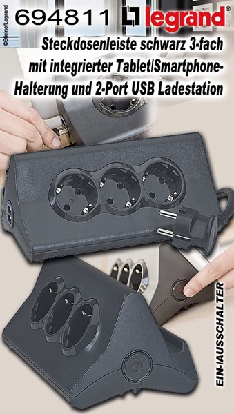 Bild von Legrand Steckdosenleiste schwarz 3-fach mit integrierter Tablet/Smartphone-Halterung und 2-Port USB Ladestation für Smartphone, Ein/Aus-Schalter, 1.5m Verlängerungskabel