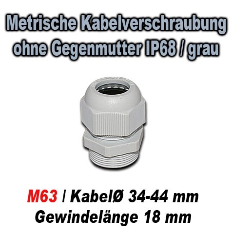 Bild von Metrische Kabelverschraubung ohne Gegenmutter IP68 / GT M63N / grau / für Kabeldurchmesser 34-44 mm / Gewindelänge 18 mm