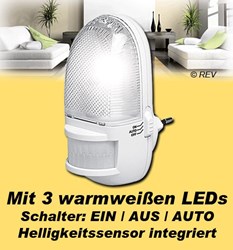 Bild von LED-Nachtlicht mit Bewegungsmelder und 3 ww LEDs / 1W / 230V / weiß