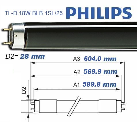 Bild von Philips T8 TLD Blacklight Niederdruck Quecksilberdampflampe 18W / G13 / 59V / 108 Schwarzlicht Blau / L 570 mm