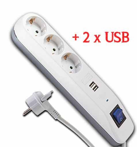Bild von Steckdosenleiste ICE 3-fach / 1,4 m Zuleitung 3x1,5 / 45 Grad / mit Schalter und 2 x USB-A 2,4A / mit Schuko-Winkelstecker mit Herauszieh-Lasche 