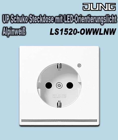 Bild von Jung UP Schuko Steckdose IP44 mit LED-Orientierungslicht, integriertem Helligkeitssensor und Berührungsschutz / Alpinweiß glänzend