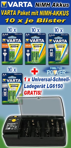 Bild von VARTA Paket mit NIMH-AKKUS und Universal-Schnell-Ladegerät LG6150 GRATIS