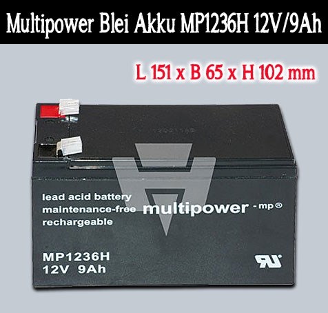 Bild von Multipower Blei Akku MP1236H MP1236H 12V/9Ah mit 6,12mm Faston Kontakten / 12V / 9Ah