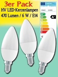Bild von 3er Pack HV LED-Kerzenlampen 470 Lumen / 6 W / E14 / 230 V / 3.000 K Warmweiß opal