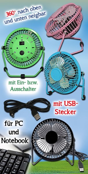 Bild von USB-Mini-Tischventilator Ø 15 cm aus Metall mit USB-Stecker für Notebook und PC - 360° nach oben oder unten schwenkbar