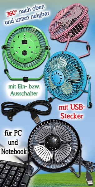 Bild von USB-Mini-Tischventilator Ø 20 cm aus Metall mit USB-Stecker für Notebook und PC - 360° nach oben oder unten schwenkbar