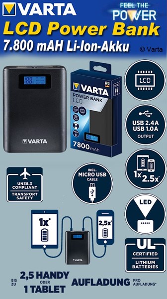 Bild von Varta Portable LCD Power Bank 7.800 mAh und Micro USB Ladekabel 50 cm schwarz