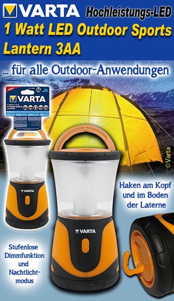 Bild von Varta 1 Watt LED Outdoor Sports Lantern 3AA / High Performance LED Campingleuchte, stufenlos dimmbar mit Nachtlichtfunktion