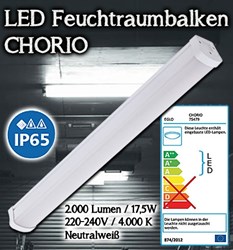 Bild von LED Feuchtraumbalken CHORIO IP65 weiß 60 cm / 2.000 Lumen / 17,5W / 220-240V / 4.000 K - Neutralweiß / A++