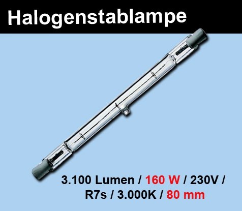Bild von HV Halogenleuchtstab 2-sockelig / 3.355 Lumen / 160W / 230V / R7s / 2.900K / 80 mm / 2.900K / Warmweiß dimmbar