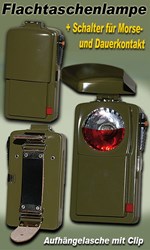 Bild von Flachtaschenlampe PL945 mit Schalter für Morse- und Dauerkontakt, Aufhängelasche, mit Clip und umschaltbar von weißen auf rotes Licht