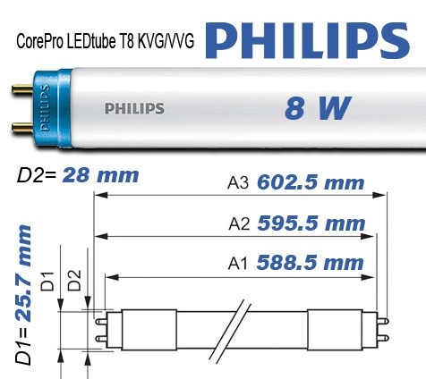 Bild von Philips LED-Röhre CorePro T8 KVG/VVG / 600mm / 800 Lumen / 8W / G13 / 220-240 V / 4.000 K / 240° / A+ / 840 Neutralweiß